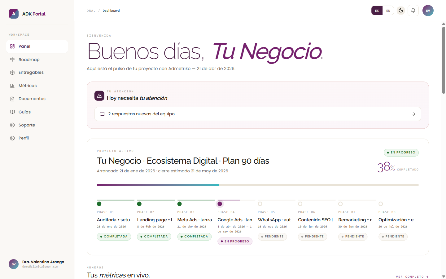 Dashboard del portal con progreso y fases del plan 90 días