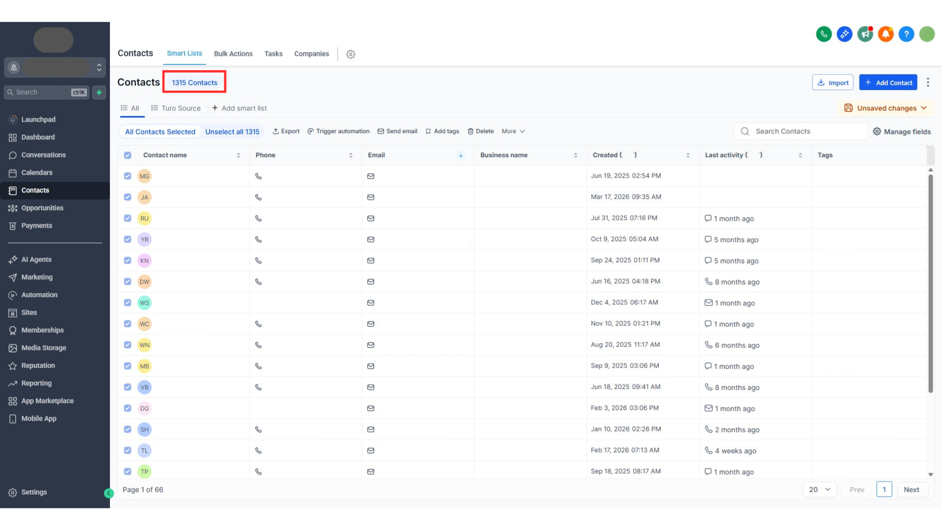 1,570 contacts Segmented, active CRM base